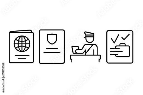 Travel essentials icon set. Passport control, visa document, and customs declaration icons. Border security officer and baggage claim symbol. Vector linear illustration.