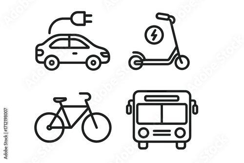 Urban mobility icon set. Modern transportation solutions with electric car, e-scooter, bicycle, and bus. Simple linear design for city transit. Green energy vector symbol.