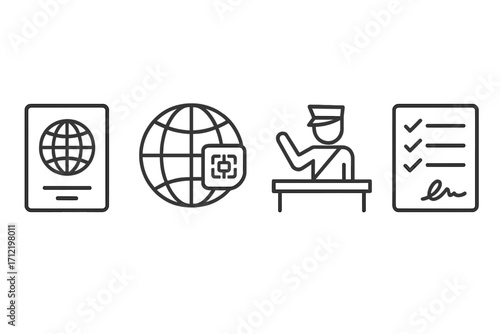 Passport control and customs icon set. International travel essentials, visa, immigration officer, and declaration document symbols. Airport procedure linear vector graphics.