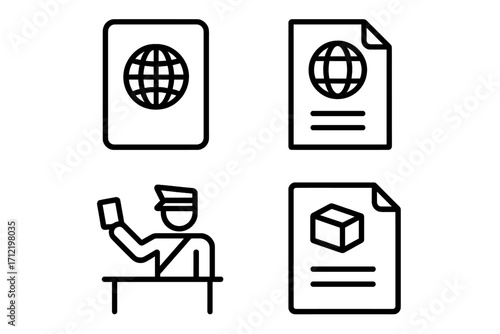 Travel icons set. Passport, visa, customs declaration. Border control officer at checkpoint. Airport security and immigration concept. Linear vector illustration symbols.