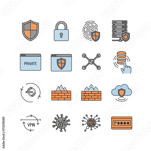 Security and Protection Icons - Shield, Lock, Fingerprint, Server, Private, Drone, Money, VPN, Virus, Password.