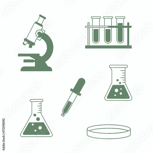 Science Lab Equipment - Microscope, Test Tubes, Beakers, Pipette, Petri Dish.