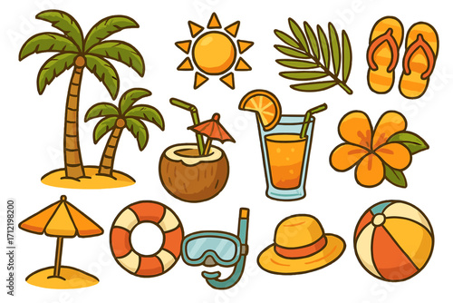 Summer beach vacation icon set. Tropical holiday elements collection with palm tree, sun, cocktail, coconut drink, juice, flower, and beach accessories. Vector cartoon doodle.