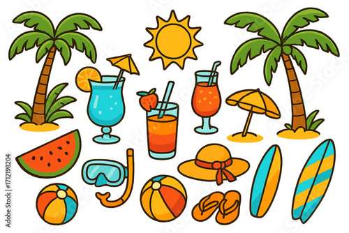 Summer beach vacation elements set. Tropical cartoon icons collection. Palm tree, sun, cocktail, surfboard, hat, ball for holiday travel design. Vector flat illustration.