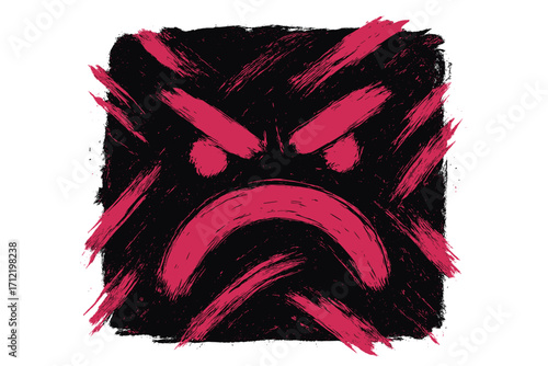 Angry face icon. Grunge, chalk drawn rough texture. Metaphor for rage, hate, and frustration. Aggression and conflict symbol. Bad mood and stress concept. Vector emotion.