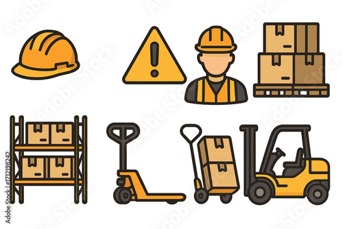 Warehouse safety and equipment icon set for logistics and delivery service. Vector icons of forklift, pallet jack, worker, hard hat, and warning sign for stock and distribution.