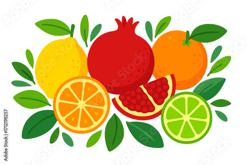 Vibrant vector flat illustration of citrus fruits and pomegranate with leaves. Colorful design with lemon, orange, lime slice. Healthy food concept for juice, diet, detox, menu.
