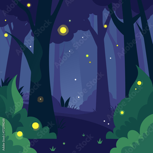 Enchanted night forest firefly lights and mysterious woods vector landscape background.