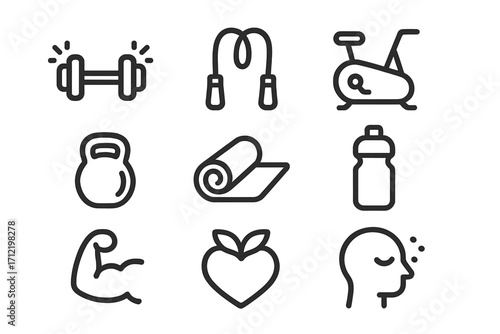 Fitness and wellness line icon set. Vector symbols for gym, workout, training, and healthy lifestyle. Includes dumbbell, kettlebell, yoga mat, and exercise bike.