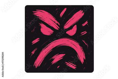 Angry face icon drawn with expressive pink paint brushstrokes. Abstract grunge vector of a furious, mad emotion. Bad mood, rage, and frustration concept illustration.