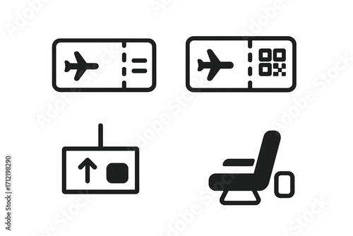 Travel icon set for flight and airport concepts. Vector collection with airplane ticket, boarding pass, QR code, passenger seat, and airport sign. Simple minimal design elements.