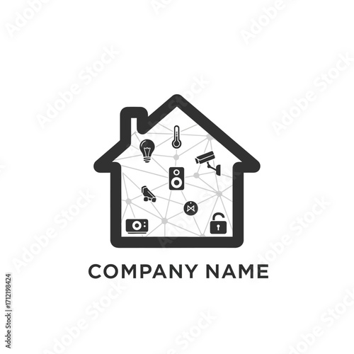 Smart Home Technology Logo Design with House Silhouette and Connected Devices.