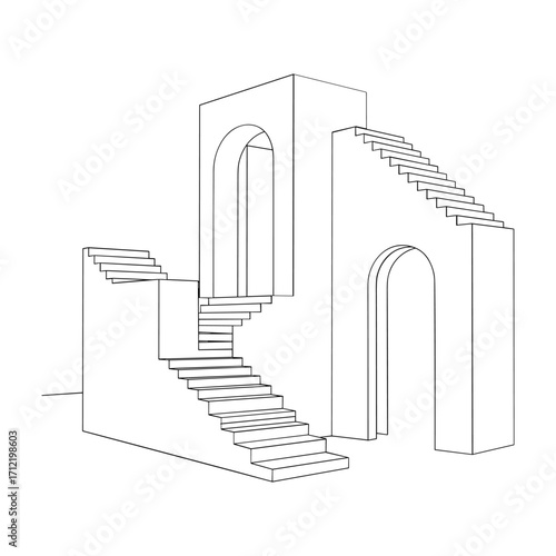 Minimalist line drawing of architectural staircase and archways building structure