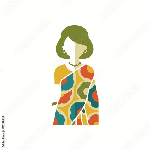 Stylized Woman in Saree Illustration with Floral Pattern and Olive Hair.