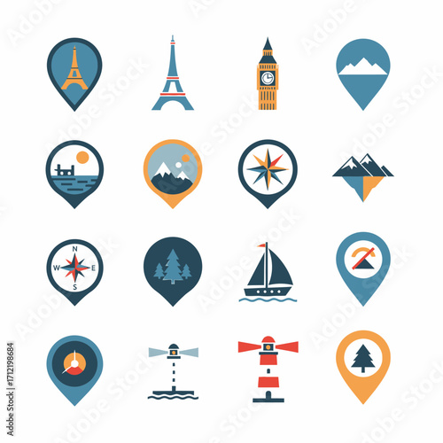 Travel and Landmark Icons - Eiffel Tower, Big Ben, Mountains, and Compass.