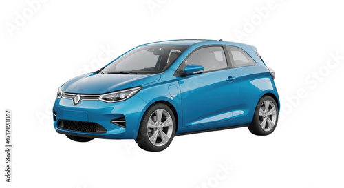 Photos Isolated two-door hatchback car in blue color, electric vehicle, automobile for