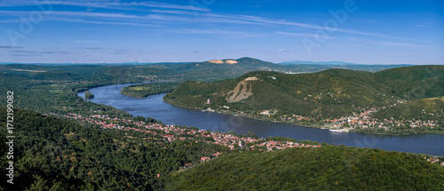 Panoramic view about the Danube bend in Hungary, Nagymaros and Visegrad city are visible in this photo