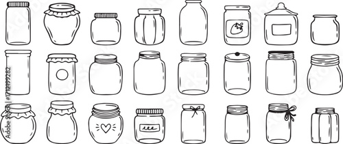 Mason Jar Doodle Icons – Container, Hand-drawn, Food, Storage, Cartoon, Sketch, Outline, Glass, Jars, Kitchen, Cute, Minimal, Icon, Vector, Black, White, Simple, Household, Elements

