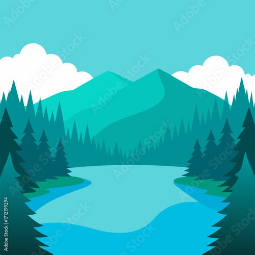 Forest lined lake turquoise ripples vector natural landscape background.