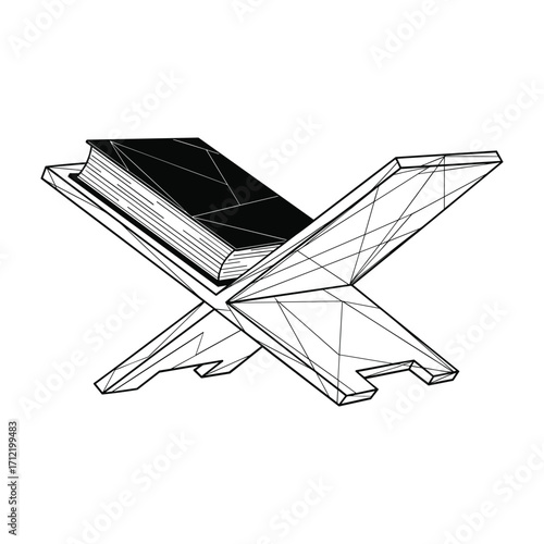 Black and white geometric illustration of a book on a stand rehal quran