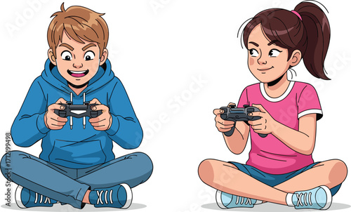 Cartoon kids playing video games, boy and girl gaming activity, social interaction scene, flat vector illustration, cad drawing  kids playing video games, boy and girl gaming activity, soc