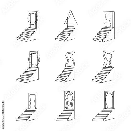 Nine abstract line art stairs leading to geometric and organic doorways staircase portal
