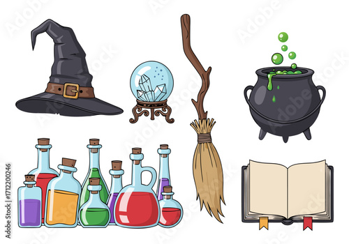 Cartoon set of enchanting witchcraft and magic elements, perfect for fantasy spell and potion illustrations
