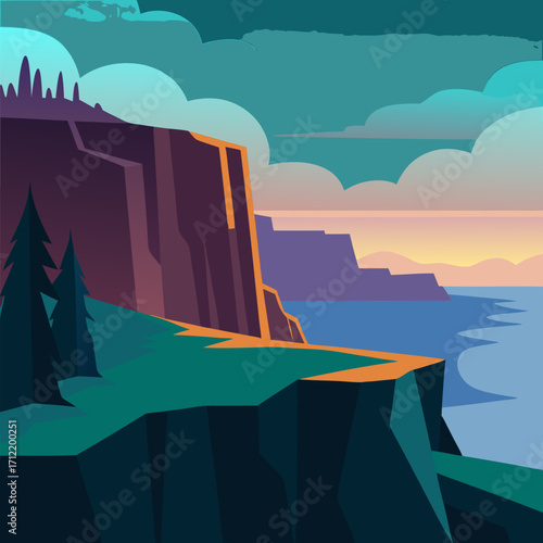 Majestic cliffside vista a serene of solitude and mystery vector landscape background.