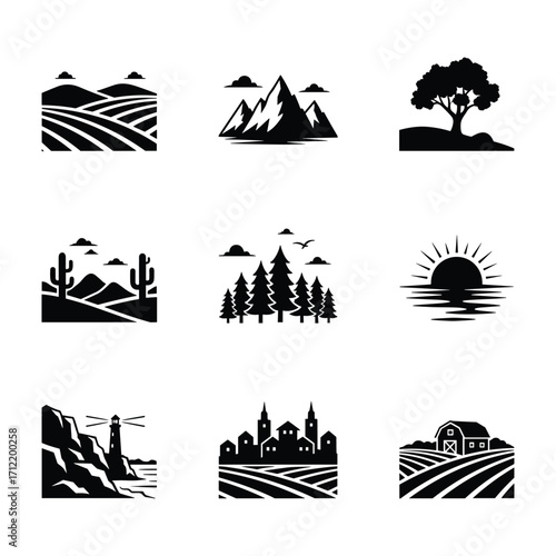 Collection of nine black and white silhouette icons depicting various landscape scenes and elements icon set