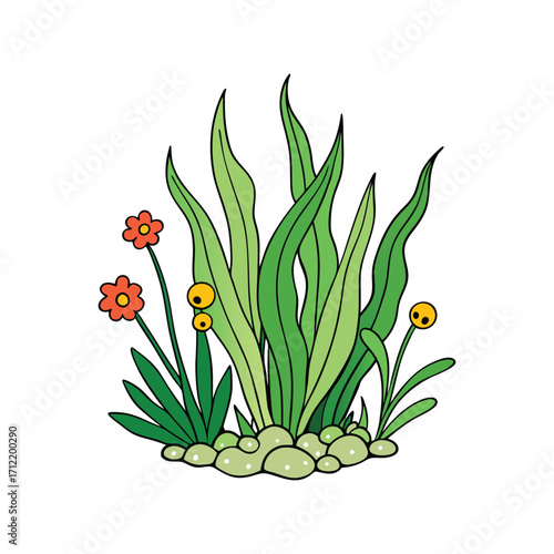 Tropical Seafloor Arrangement With Long Leafy Vines Vector Art Illustration
