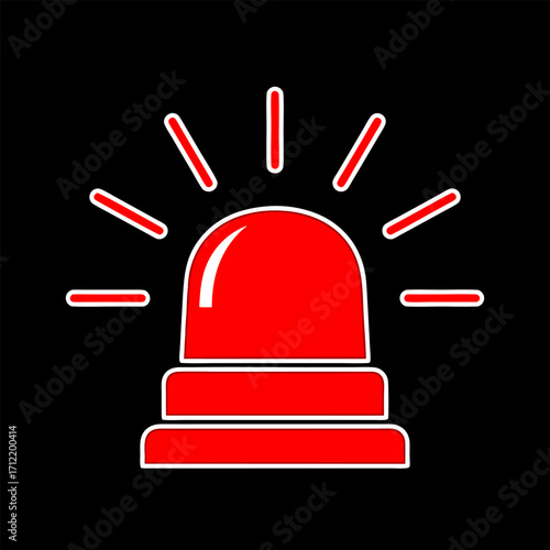 Red Warning Light Flashing with Bright Rays on Black Background, Alert Siren Icon for Emergency Situations