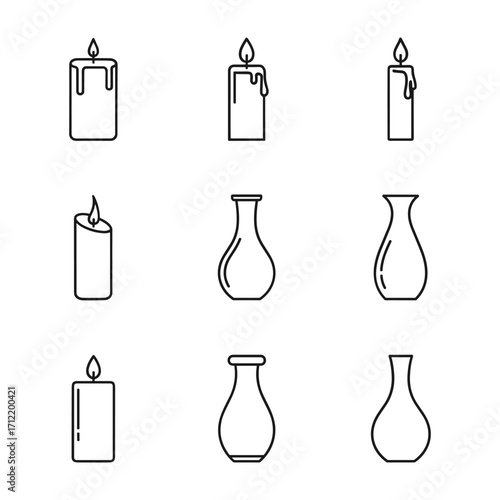 Set of nine black line art icons featuring candles and vases on a white background collection