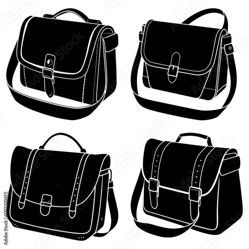 Illustration of four black and white satchel bags with straps and buckles in various orientations