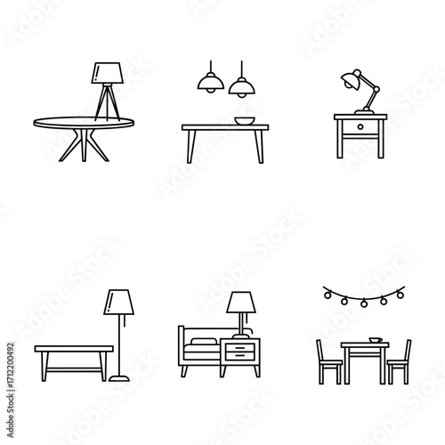 Collection of line art icons depicting furniture and lighting elements vector