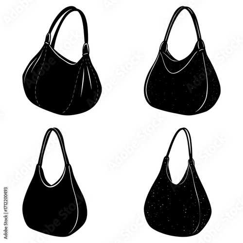 Four black hobo bags with handles displayed in a square format on a white background in vector art