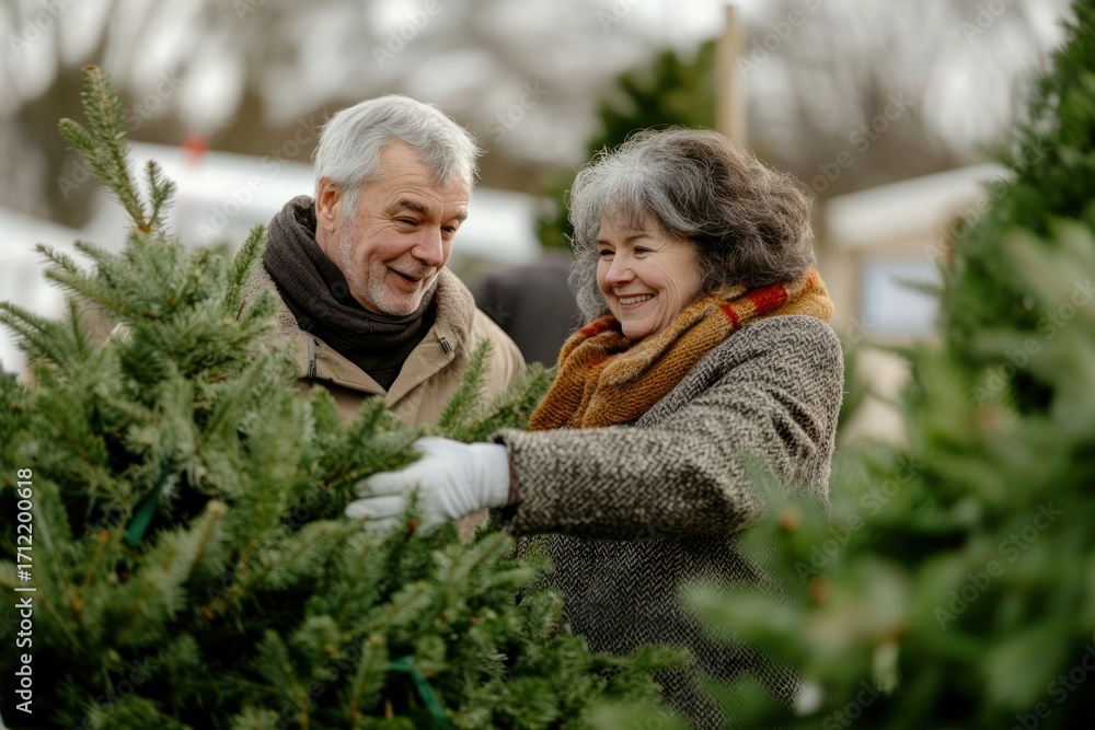 Fototapeta premium Senior couple buy a big fresh pine tree at pine tree farm together christmas clothing outdoors.