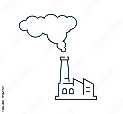 Factory industry co2 emission smoke icon line stroke outline art vector graphic illustration isolated, plant tower station carbon dioxide pollution sign symbol image clip art