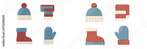 Set of cozy winter apparel items featuring a knitted beanie hat striped scarf warm boots and soft mittens