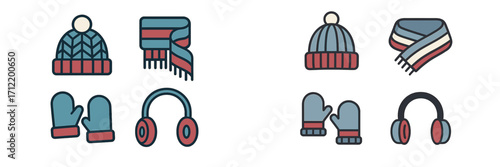 Essential winter season accessories collection with warm hats, scarves, mittens, and earmuffs for cold weather