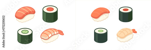 Assortment of traditional Japanese sushi and maki rolls with various seafood and vegetable fillings