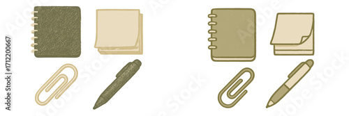 Collection of essential office and school supplies including spiral notebooks, sticky notes, writing pens, and metal paperclips