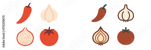 Assortment of fresh kitchen ingredients including red chili peppers, whole garlic, sliced onions, and ripe tomatoes