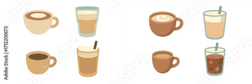 Isometric coffee and beverage cups featuring hot and cold drinks like latte, espresso, and iced coffee