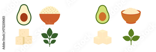 Healthy plant-based food ingredients set featuring fresh avocado, rice bowl, tofu cubes, and green leaves