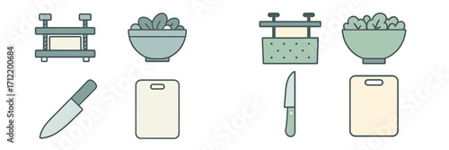 Essential kitchen tools and fresh ingredients for healthy cooking, including tofu presses, salad bowls, knives, and cutting boards
