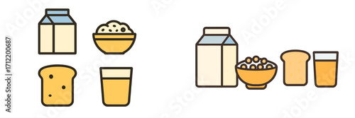 Assortment of essential breakfast food and drink items including milk, cereal, bread, and juice for morning meals