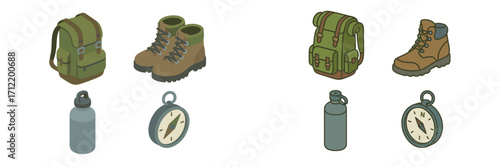 Collection of essential outdoor adventure gear including backpacks, hiking boots, water bottles, and compasses