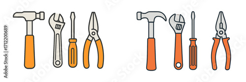 Essential hand tools set including hammer, adjustable wrench, screwdriver, and pliers for various repair tasks and home improvement projects