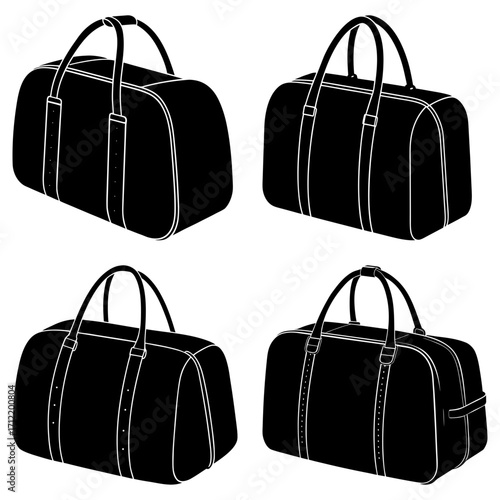 Four black duffel bags with handles and straps arranged in a square pattern on a white background