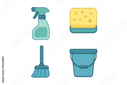 Essential household cleaning tools and supplies set with spray bottle, sponge, broom, and bucket for domestic tasks